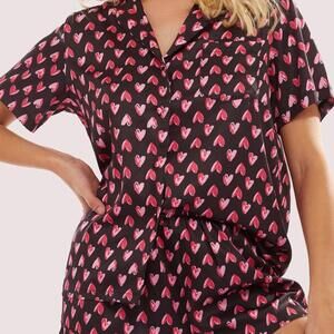 Wolf & Whistle heart print satin pajama SET black pink